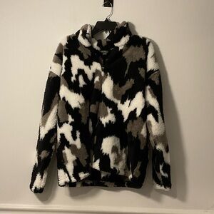 Eddie Bauer Black, White, and Brown Patterned Fleece Jacket
